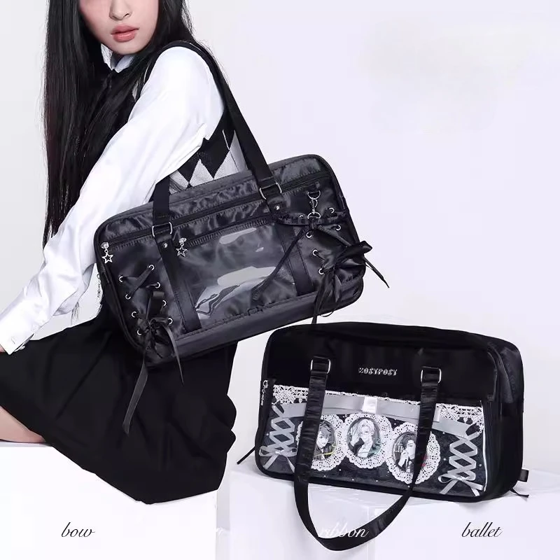 

Lace-up Bow Ita Bag Underarm JK Sac Femme Square Transparent Bolsos De Mujer Shoulder Bags for Woman College Style Bolso