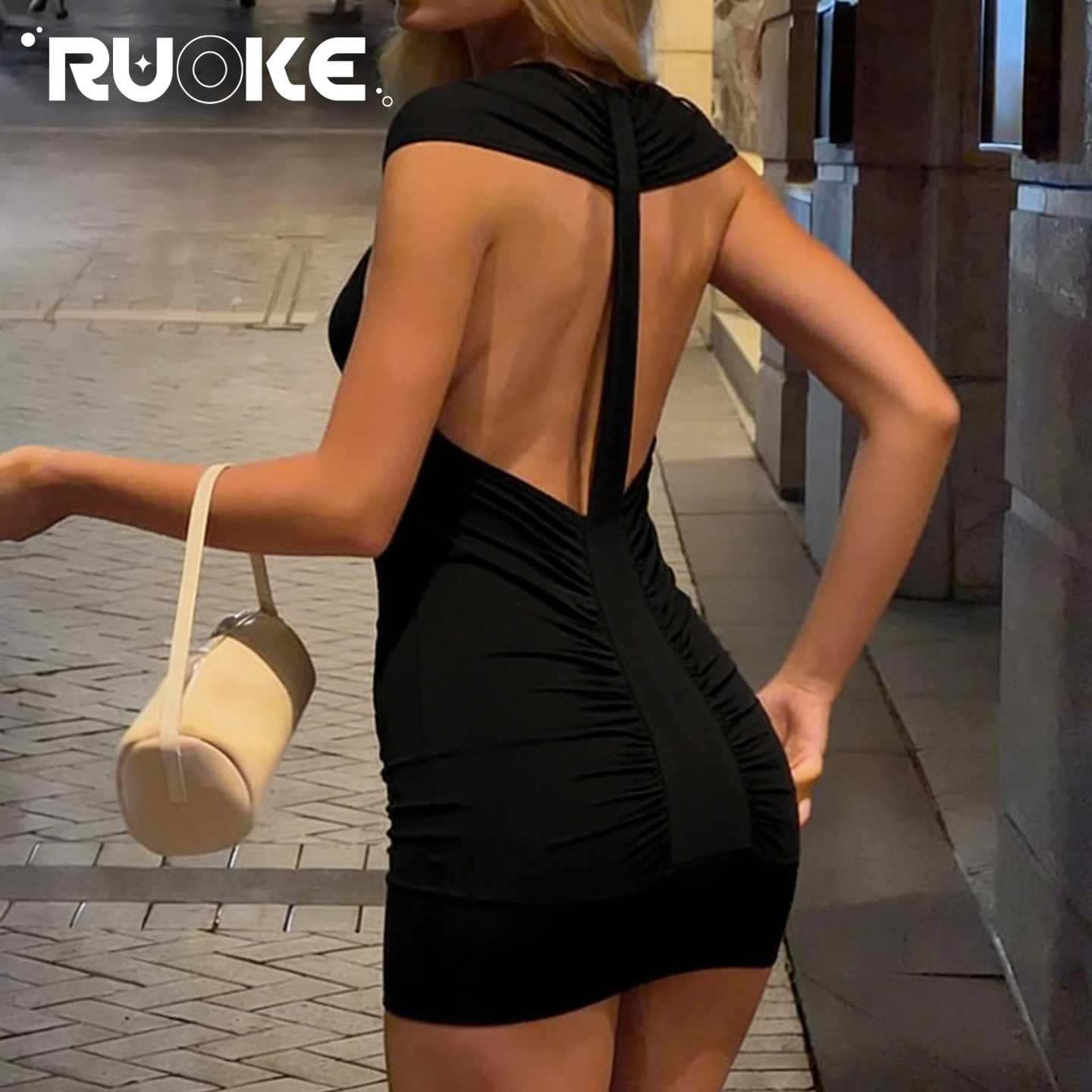 

[RUOKE] Sexy Clubwear Night Dress For Women Halter Backless Dress Bodycon Mini Dress Ruched Slim Fit Party Evening Outfit Summer