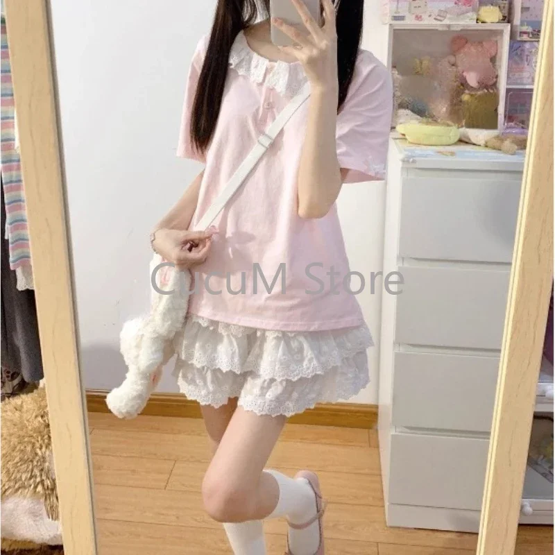 Słodka koronkowa spódnica z ciastem Kawaii Lolita Japońskie mini spódnice z falbankami Y2k Harajuku Casual Women Summer 2025 Spódnice