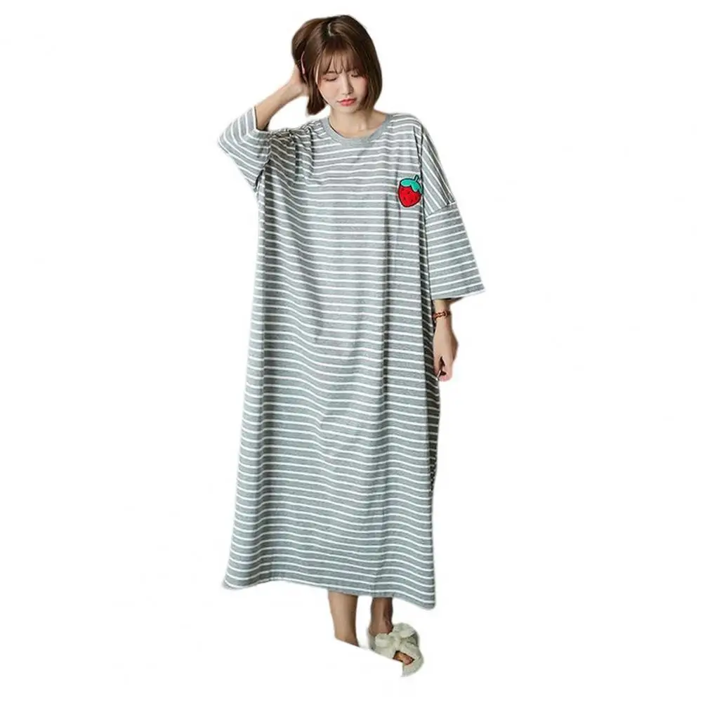 Lady Night Robe Casual Short Sleeve Anti-pilling Stripes Pattern Women Summer Nightgown Women Summer Nightdress Homewear