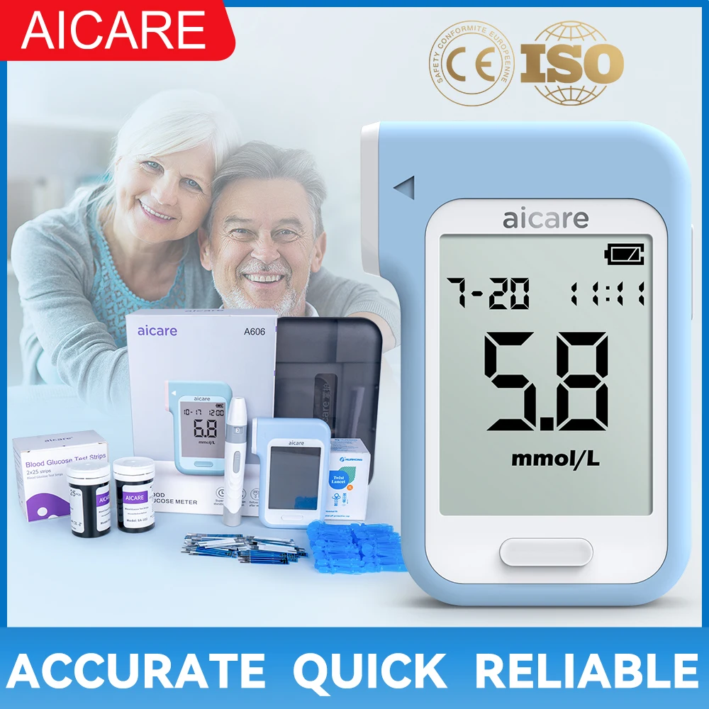 AICARE-Lecteur de glycémie, glucomcirculation ty.com, bandes de test, lancettes, moniteur de sucre dans le sang, formateurs médicaux, testeur, 50/100