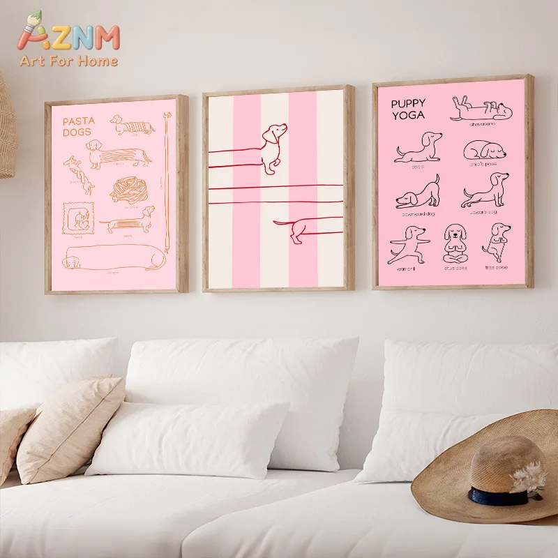 AZNM Minimalist Dachshund Canvas Wall Art Cute Sausage Dog Line Drawing Print Frameless Canvas Painting Bedroom Home Decor Poste