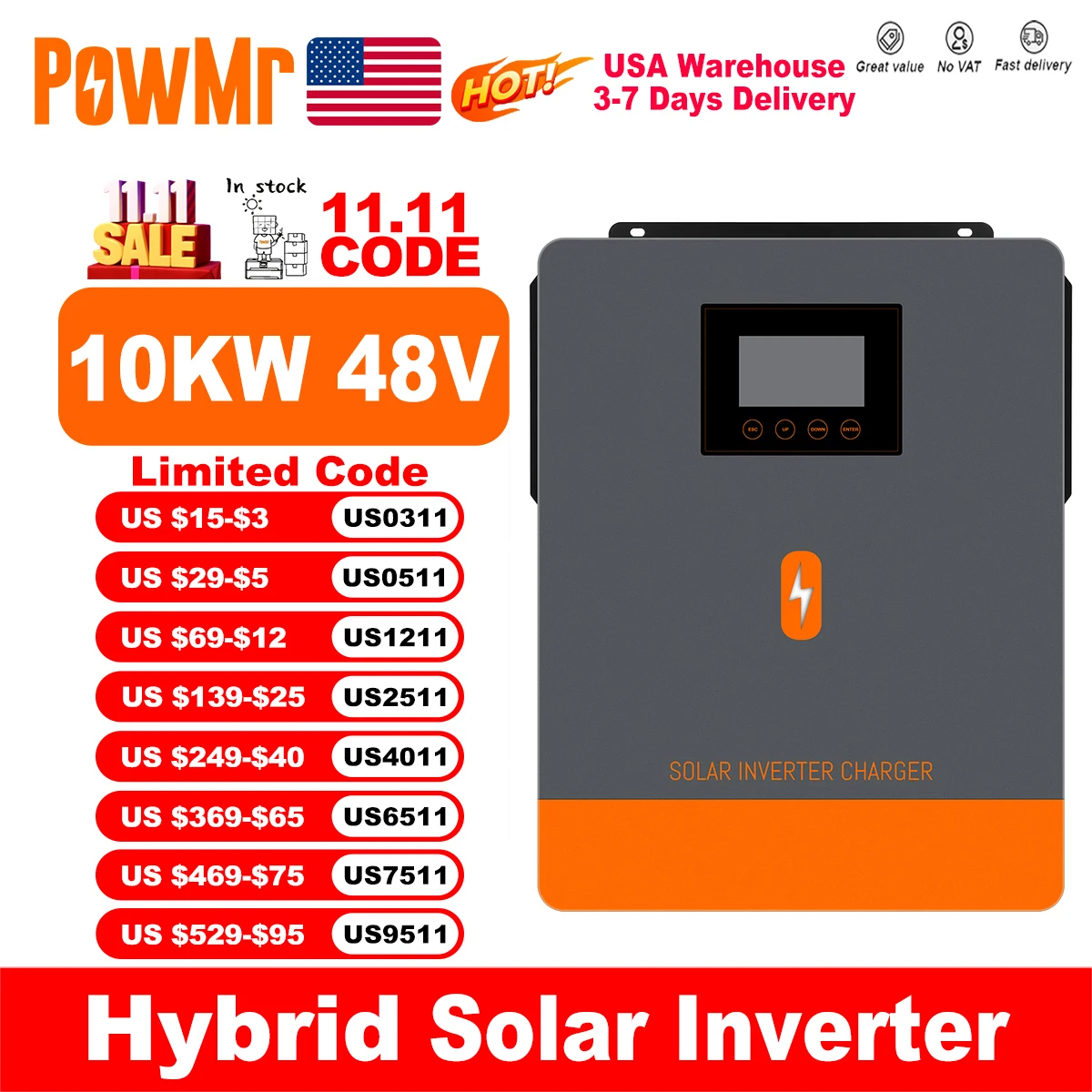 

PowMr США 10,2 кВт 48 В гибридный солнечный инвертор Чистая синусоида MPPT 160A 230 В переменного тока Выходная солнечная панель 500 В постоянного тока в сетке для батареи Lifepo4