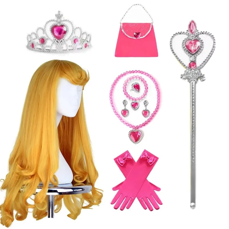 

Cute Aurora Cosplay Accessories Photography Props Princess Role Play Dress Up Props Auroa Wig Yellow Gold Long Curly Girls Wig