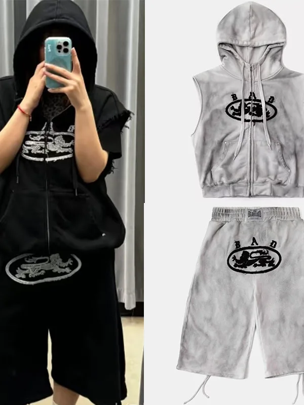 

Waed Vintage Hooded Zipper Vest Outerwear Women Loose Casual Dstring Seven-Quarter Wide Leg orts Trendy Cotton Blend