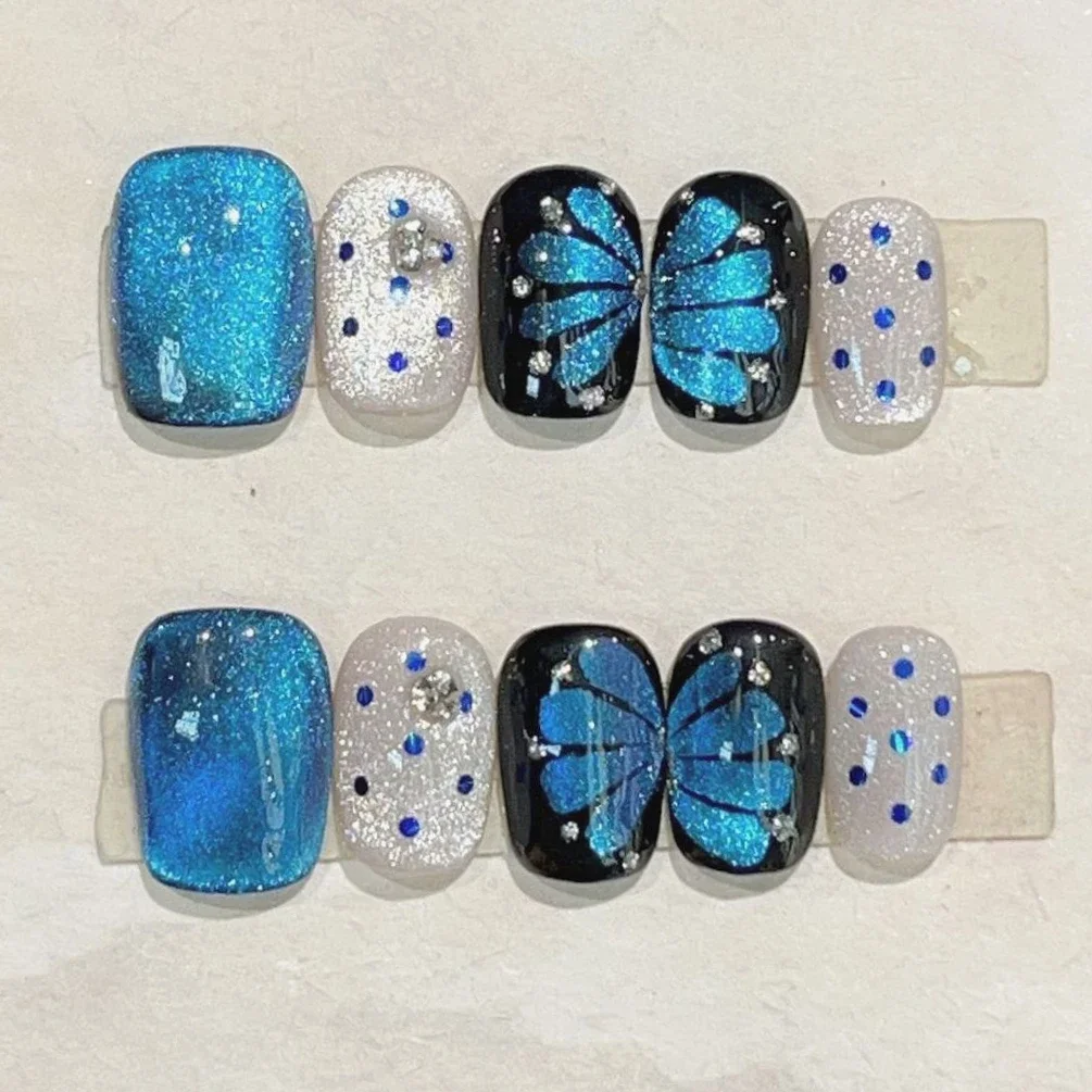 10Pcs Blue Coffin Handmade Press on Nails Full Cover Butterfly Cat Eye Rhinestone Short Ballet False Nails Wearable Manicure Art