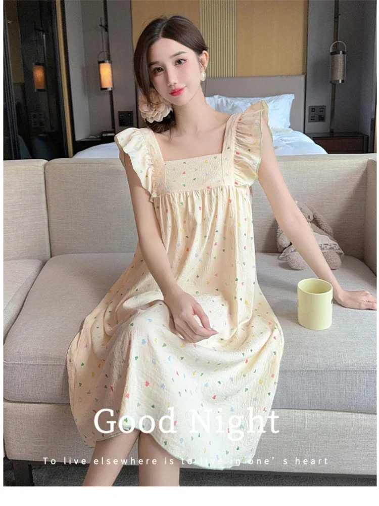 Large Size Print Tank Sleep Dress Women Summer Pajamas Korean Cute Nightgown Ruffles Loose Homewear Princess Mid Dress Sleepwear