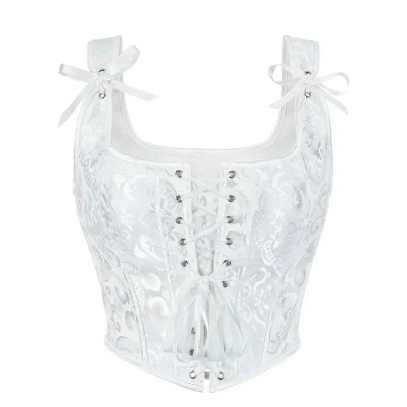 Women Vintage Jacquard Corset Crop Top Gothic Lace-Up Overbust Bustier Vest Tank Bodice Body Shaper Corselet Fashion