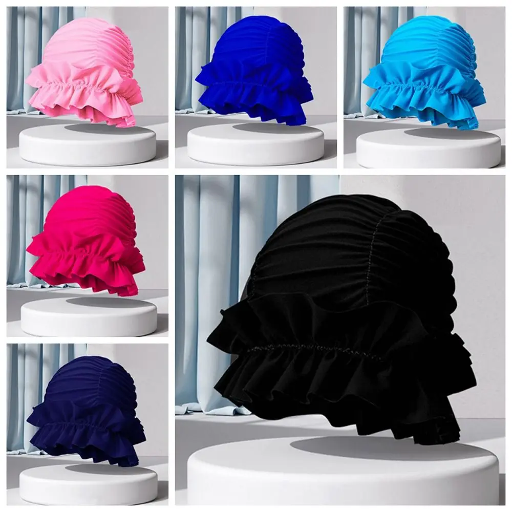 Gorro de natación elástico para deportes acuáticos, gorro de baño plisado de tamaño libre, protege la oreja, gorros de natación deportivos elásticos para mujeres y niñas