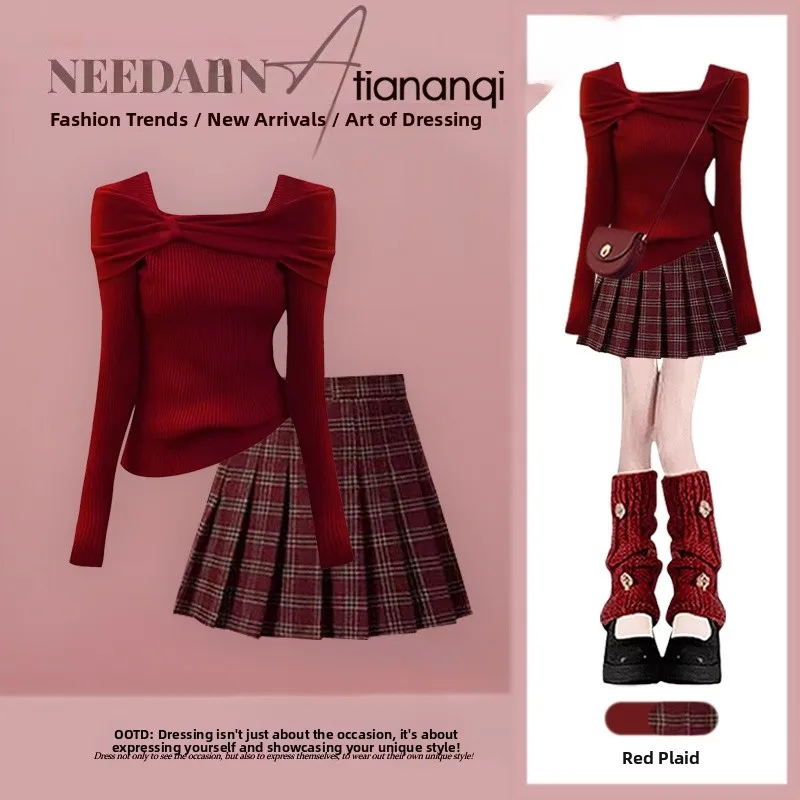 

Winter Knitted One-oulder Sweater High Waist Plaid Skirt Two-Piece Set Slimming Effect Faionable Ele Design Women's E...