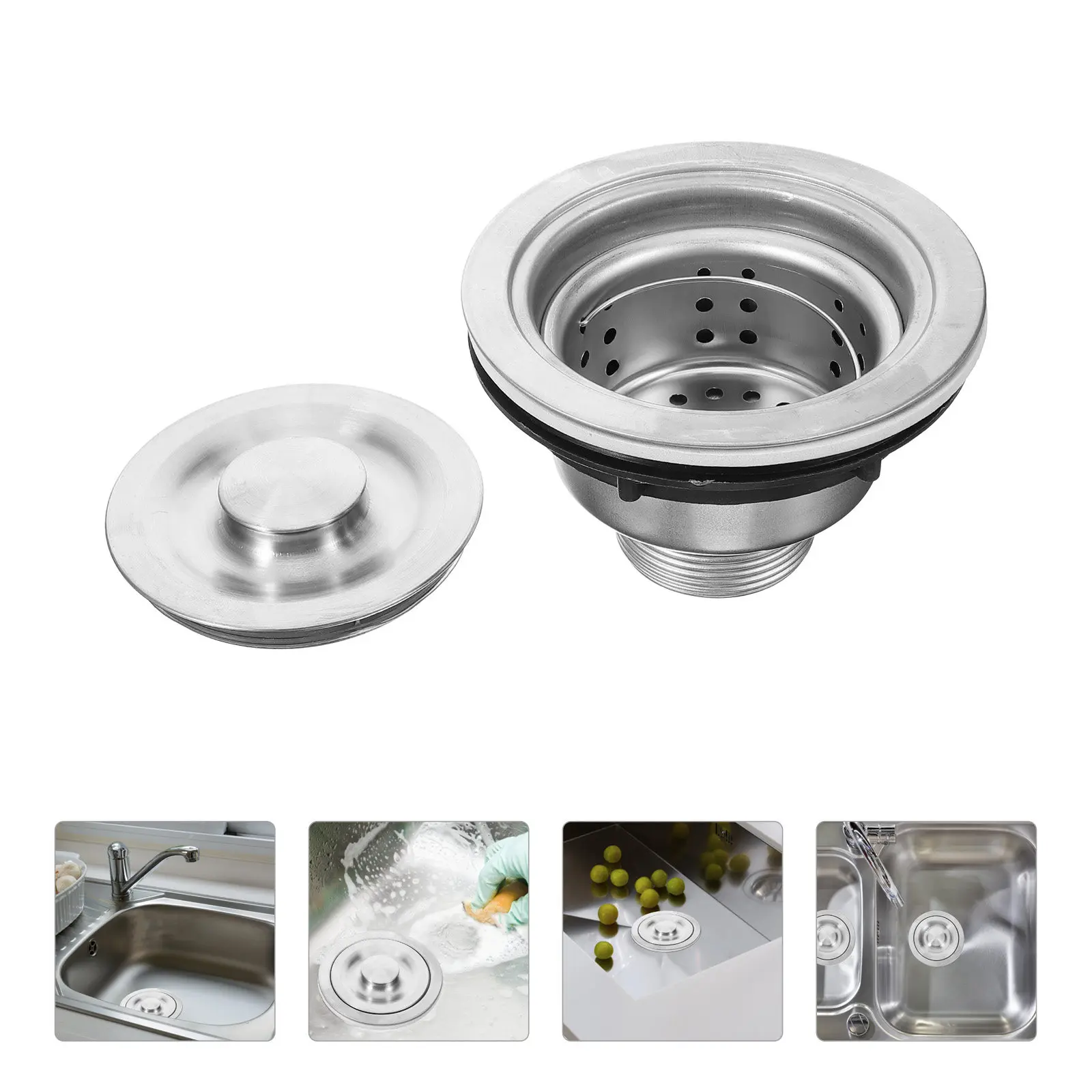 

Kitchen Drain Strainer Assembly Stainless Steel Removable Deep Basket Modern Round Design Dishwasher Safe Rustproof Easy Clean