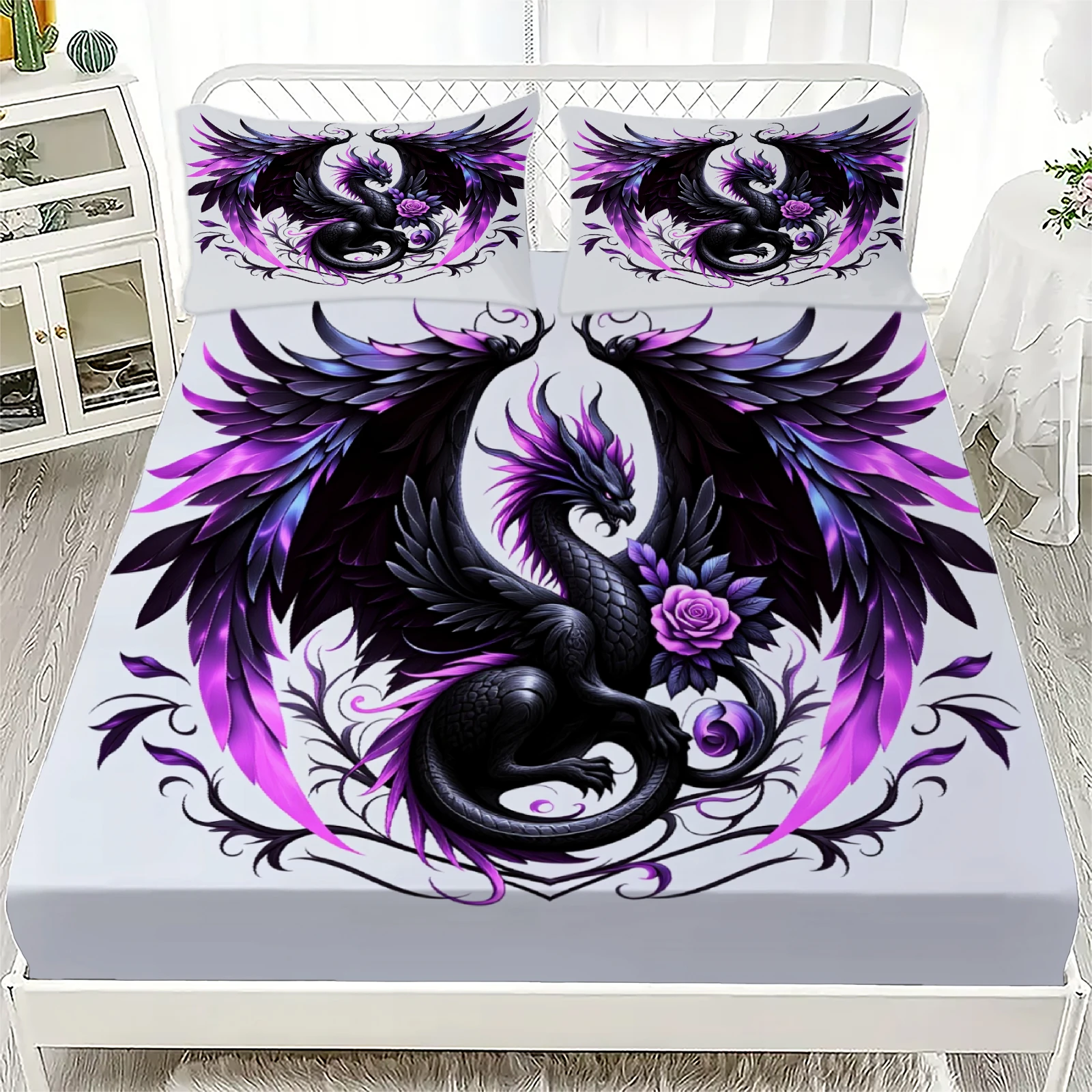 3pcs Fitted Sheet Set Dragon And Rose 3D Printed Purple Black Dragon Pattern Bed Sheet With Pillowcases For Bedroom Decor
