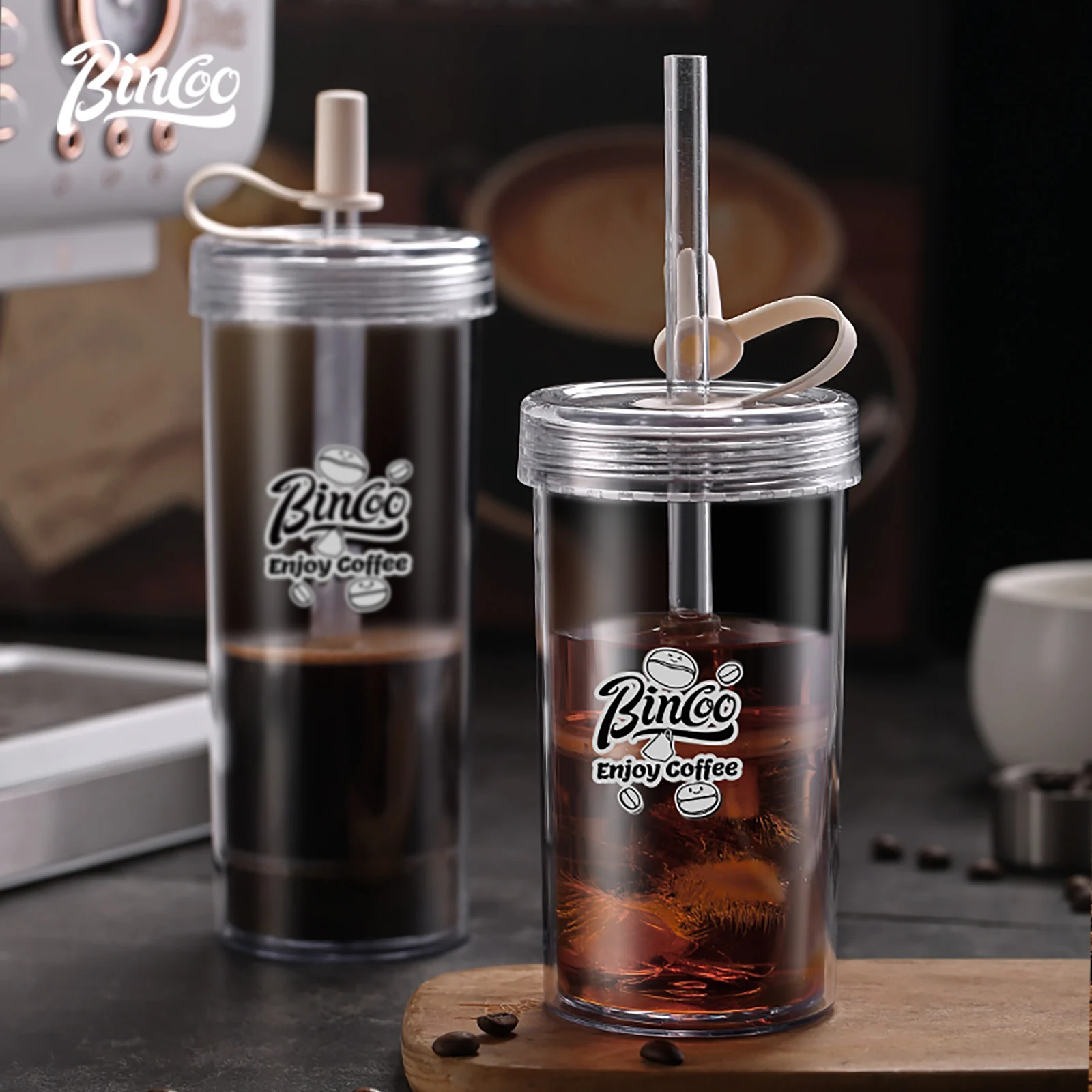 

Bincoo Portable Travel Coffee Press (16oz) -Double Wall with lids and Straws-Single Serve French Press for Travel, Home, Office,