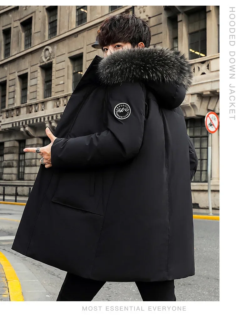 Men's hooded down jacket mid-length white duck fashionable thick warm youth men's winter coat