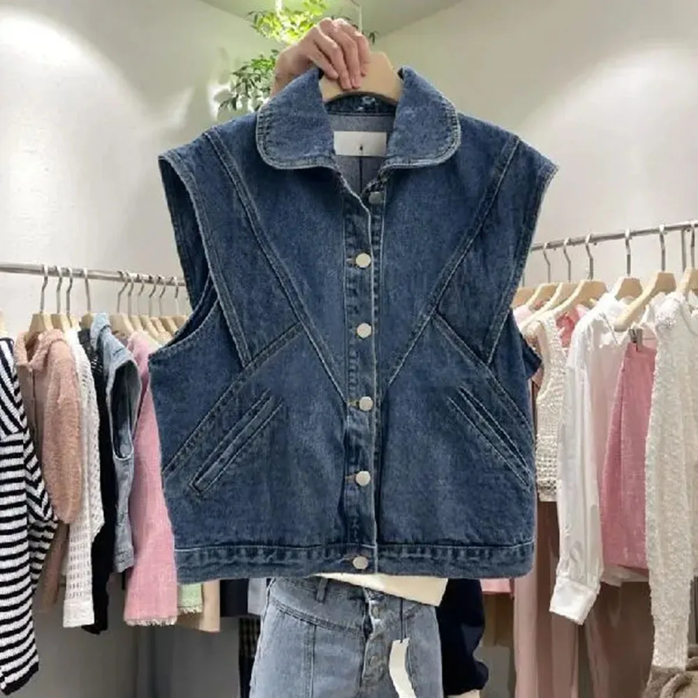 Women Denim Vest Chic Lapel Casual Button Sleeveless Jean Coat Female Solid Color Temperament Tank Top Vintage Fashion Waistcoat