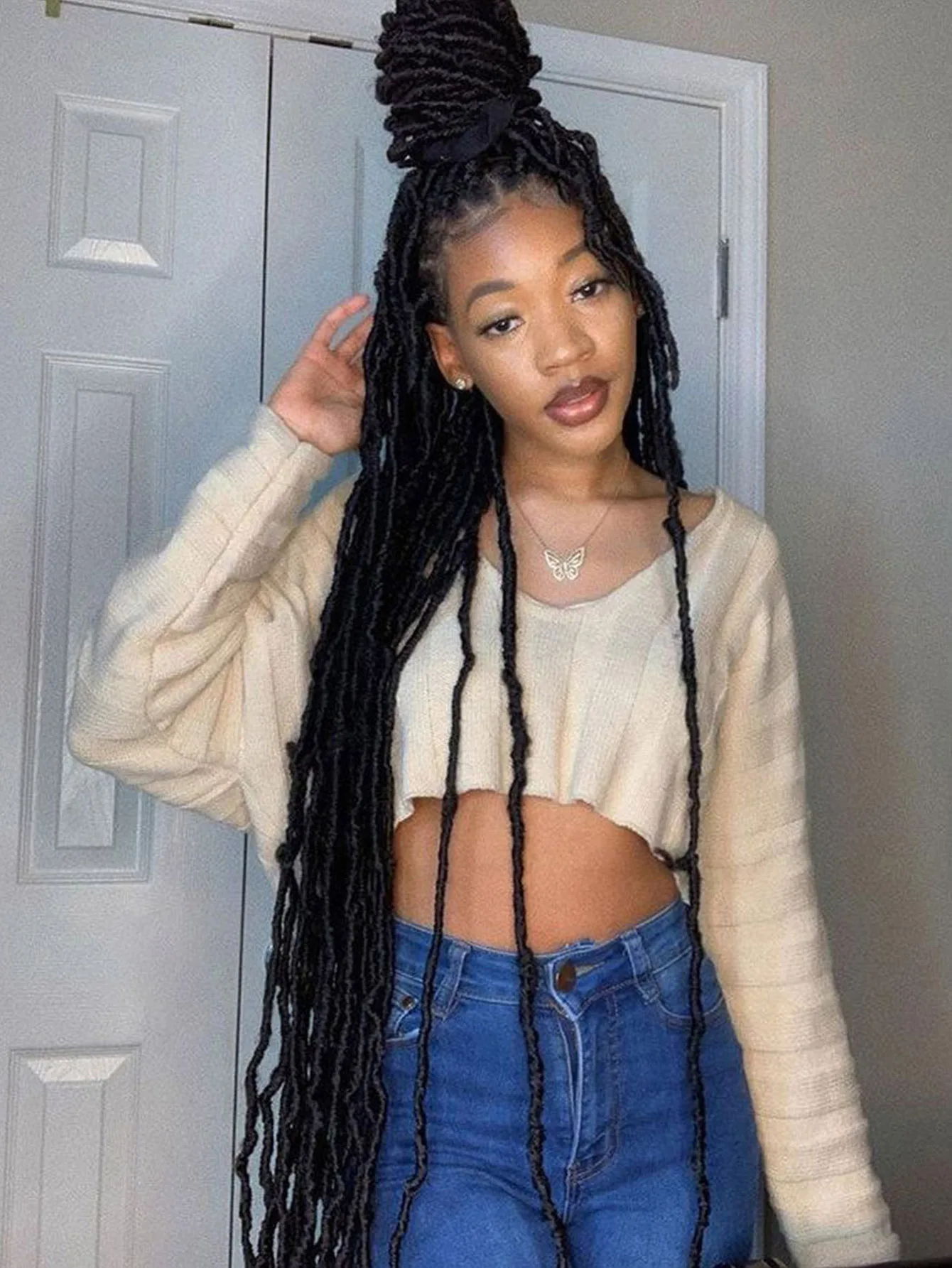 Pelucas trenzadas de encaje sintético, peluca con malla frontal de imitación para mujer, peluca con trenzas de mariposa, rastas largas, parte libre de 40 pulgadas