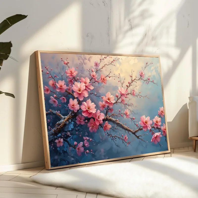 Large Size Bouquet Golden White Flower Pink Cherry Blossom Tree Canvas Painting Print Poster Wall Art Living Room Home Decor