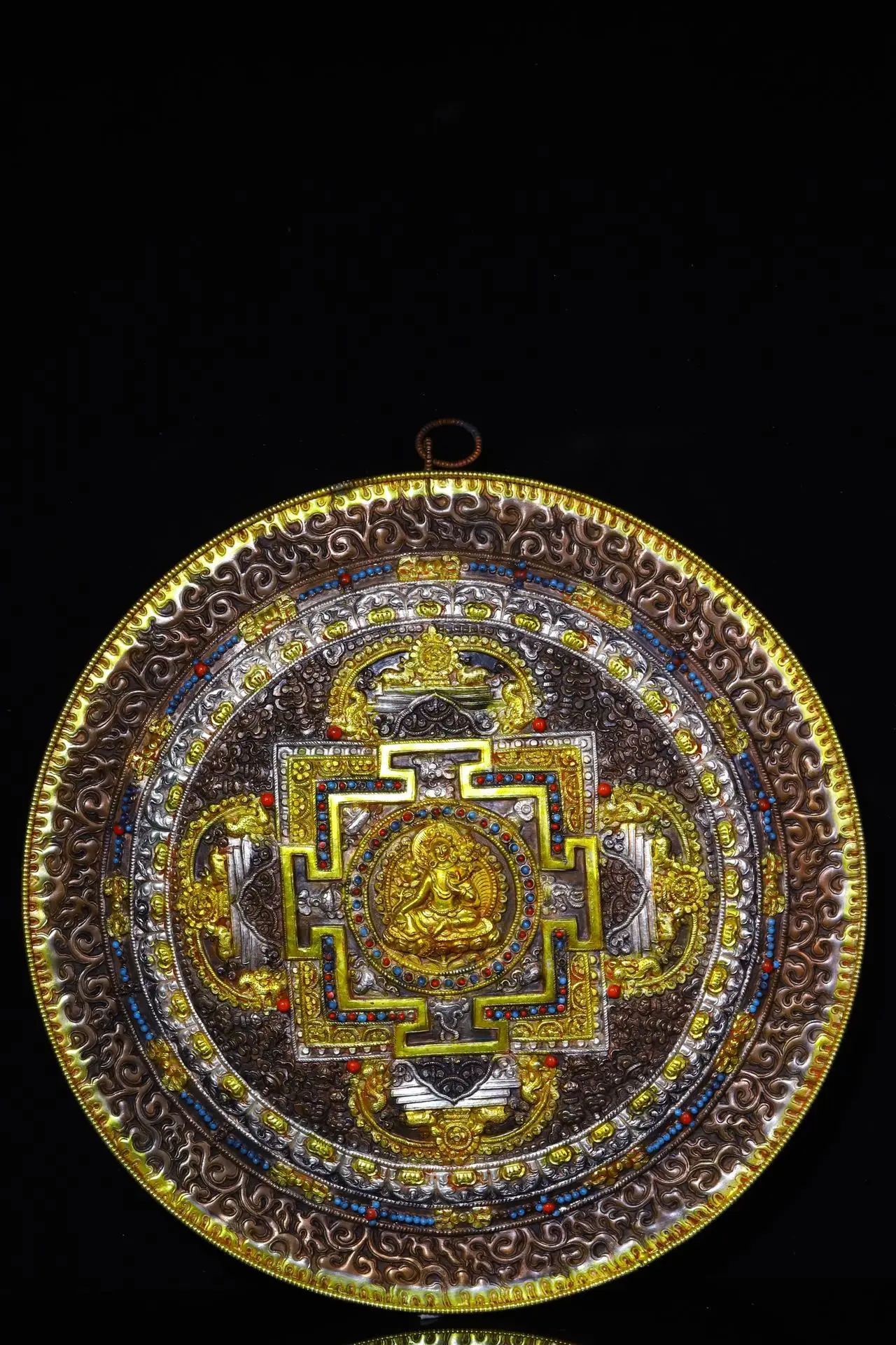 

13" Tibetan Temple Collection old purple bronze Gilt mosaic gem green tara thangka hanging screen Amulet Town house Exorcism