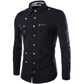 Primavera outono camisas casuais dos homens de manga longa gola quadrada camisa de carga dos homens moda zíperes fino ajuste cor sólida vestido camisa homem
