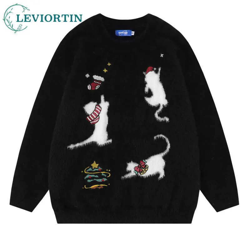 

Осень/зима 2022, свободный и универсальный свитер для пары с вышивкой рождественской елки, вязаный свитер из мохера в американском стиле ретро, забавный кот