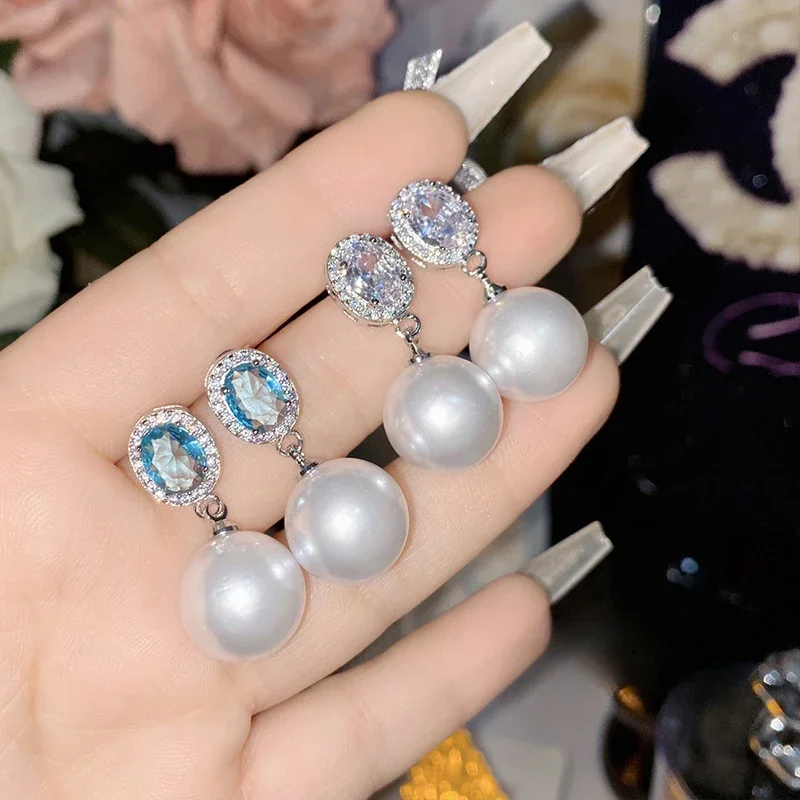 MDLFES مويسان الماس نمط حورية البحر الدموع الأحجار الكريمة اللؤلؤ وأقراط تاهيتي 18K الذهب الأبيض مطلي الخرز