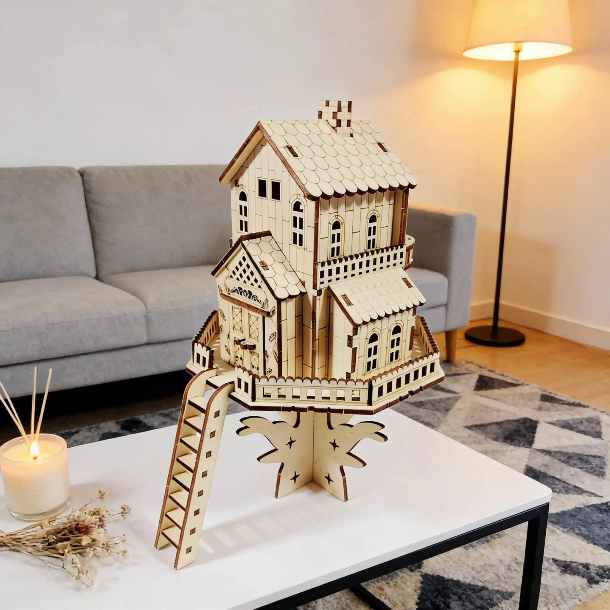 

3D деревянный пазл «Домик в лесном стиле»: модель деревянного домика на дереве, декор для дома и праздничный подарок