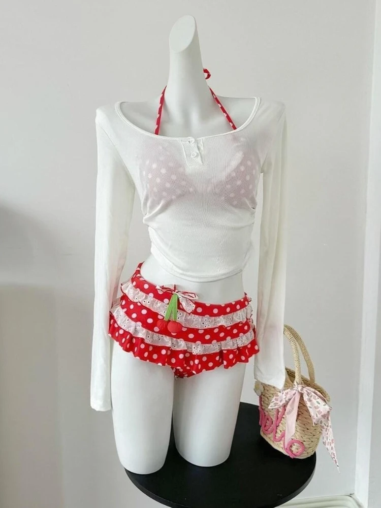 2026 Kawaii Sweet Swimwear Bikini Women Beach Style Sexy Lace-up Splicing Vintage Y2k Beachwear Japanese Holidays Swimsuit New
