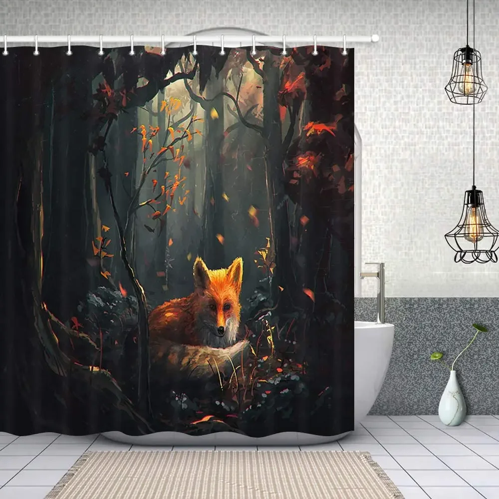 Painting Animal Lover Fox In The Forest Shower Curtain,Rustic Lodge Forest Hunting Bathroom Decor Wild Animals Bathroom Curtains