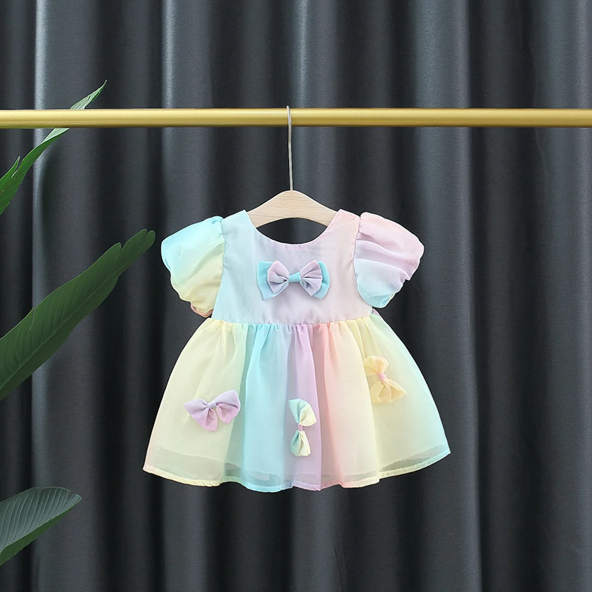 Girl's Dress Summer Baby Girl Bow Colorful Mesh Round Neck Bubble Sleeve Princess Dress Children's Dress