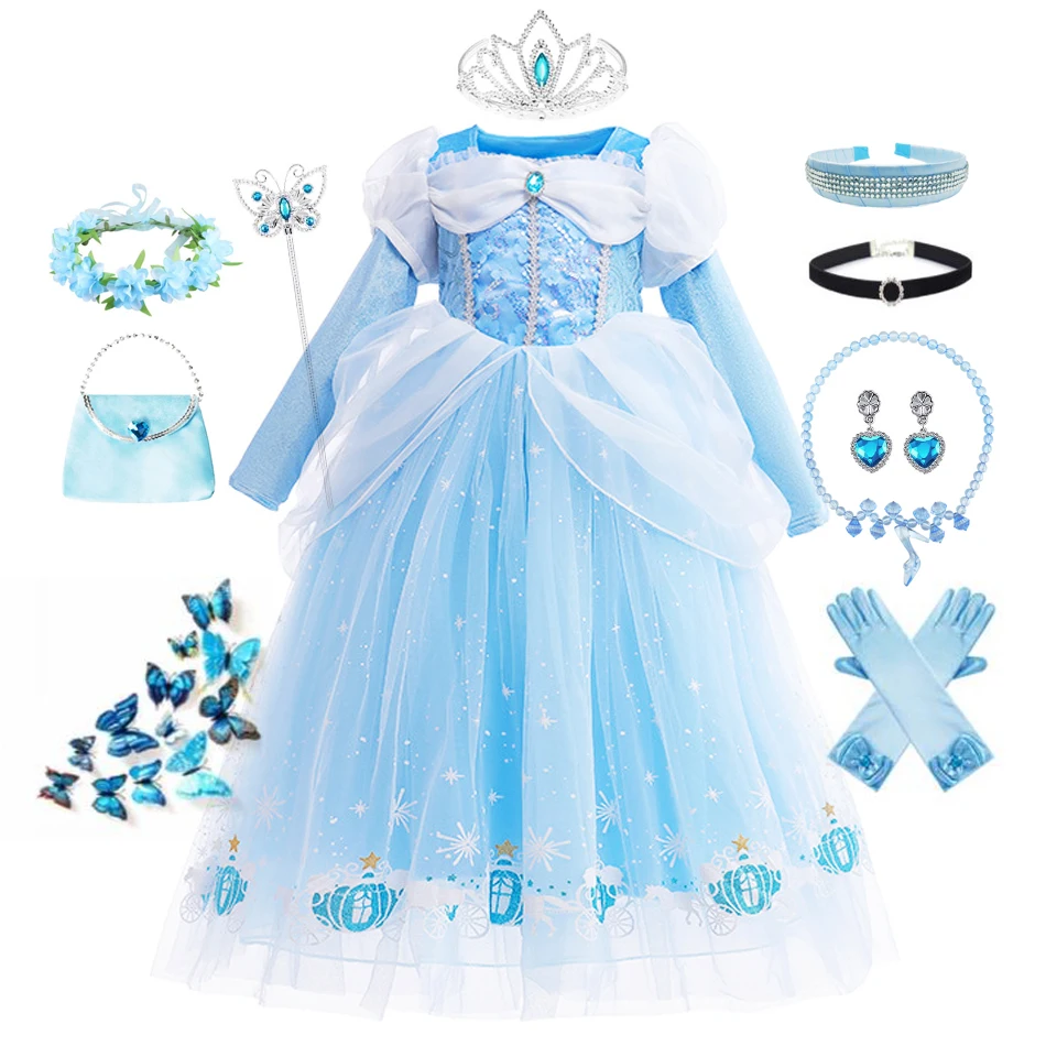 Cinderella Dress for Girls Long Sleeve Princess Costumes Cosplay Blue Sequin Children Bithday Surprise Kids Ball Gown