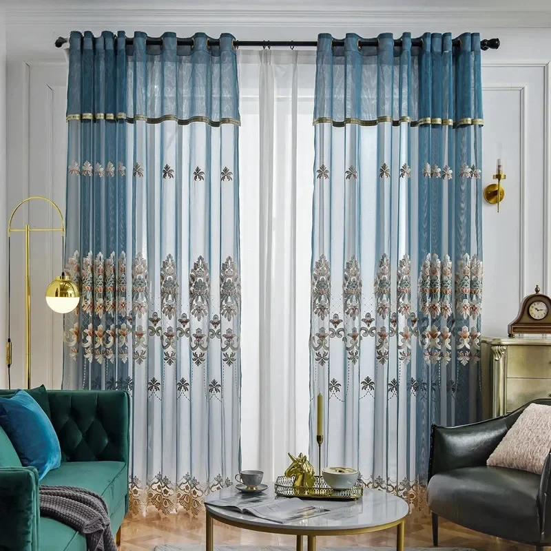 Blue Lotus New Chinese Embroidery Water Soluble Lace Screen Curtains for Living Room French Window Balcony Customized