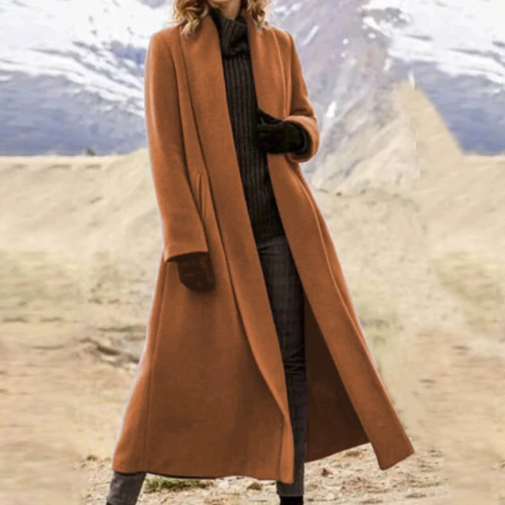 Plus Size Extra Long Woolen Coat Women, Loose Casual Wool Blend Trench Outerwear