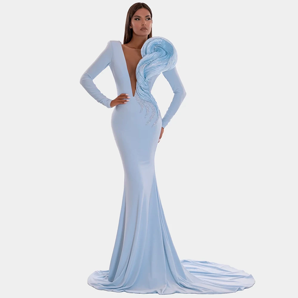 

Индивидуальное трикотажное платье с v-образным вырезом и длинными рукавами, со складками, длиной до пола, со шлейфом и открытой спиной, расшитое блестками, однотонное вечернее платье на заказ