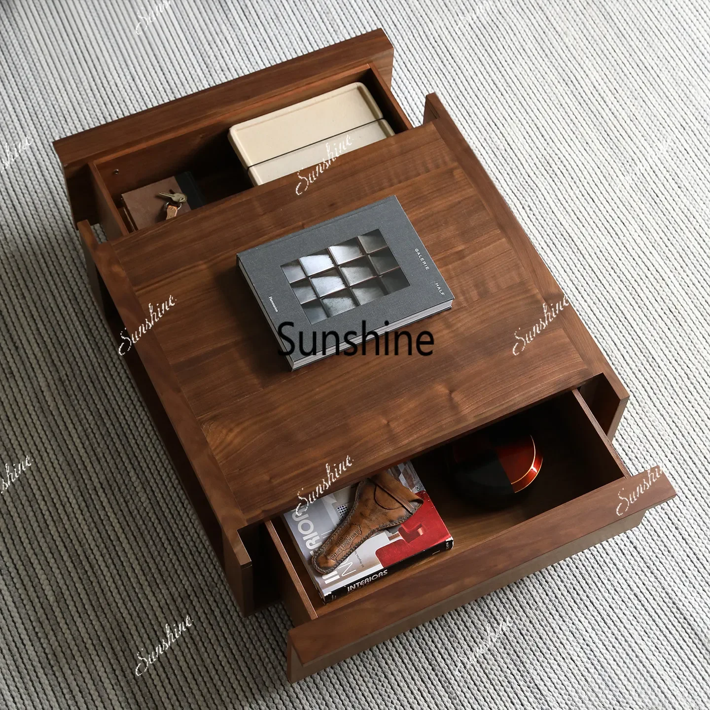 

Nordic walnut double pumping storage square coffee table