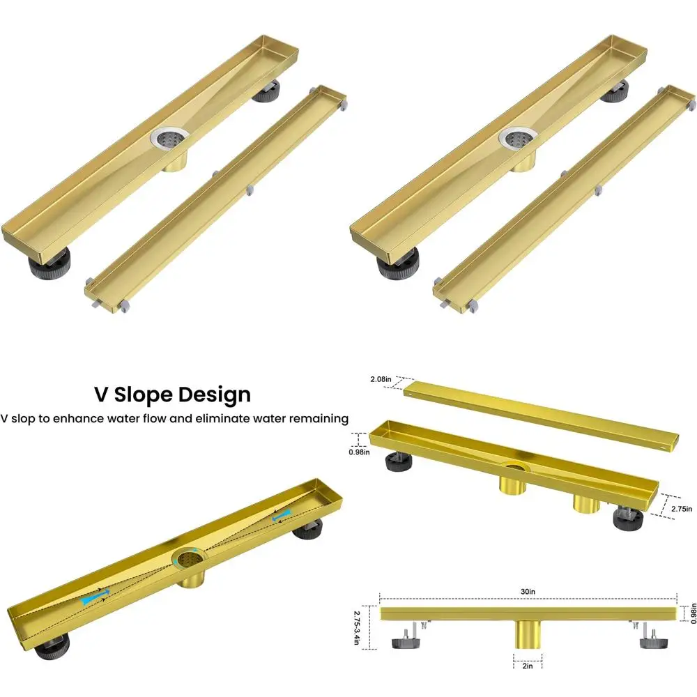 

30 Brushed Gold Linear Shower Drain with Tile Insert, Stainless Steel Rectangular Floor Cover, Hair Catcher, Adjustable Feet