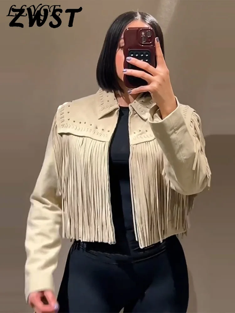 

Fashion Causal Khaki Rivet Tassel Jacket Women Loose Lapel Full Sleeves Zippers Coats Female 2025 Spring Lady Street Jackets