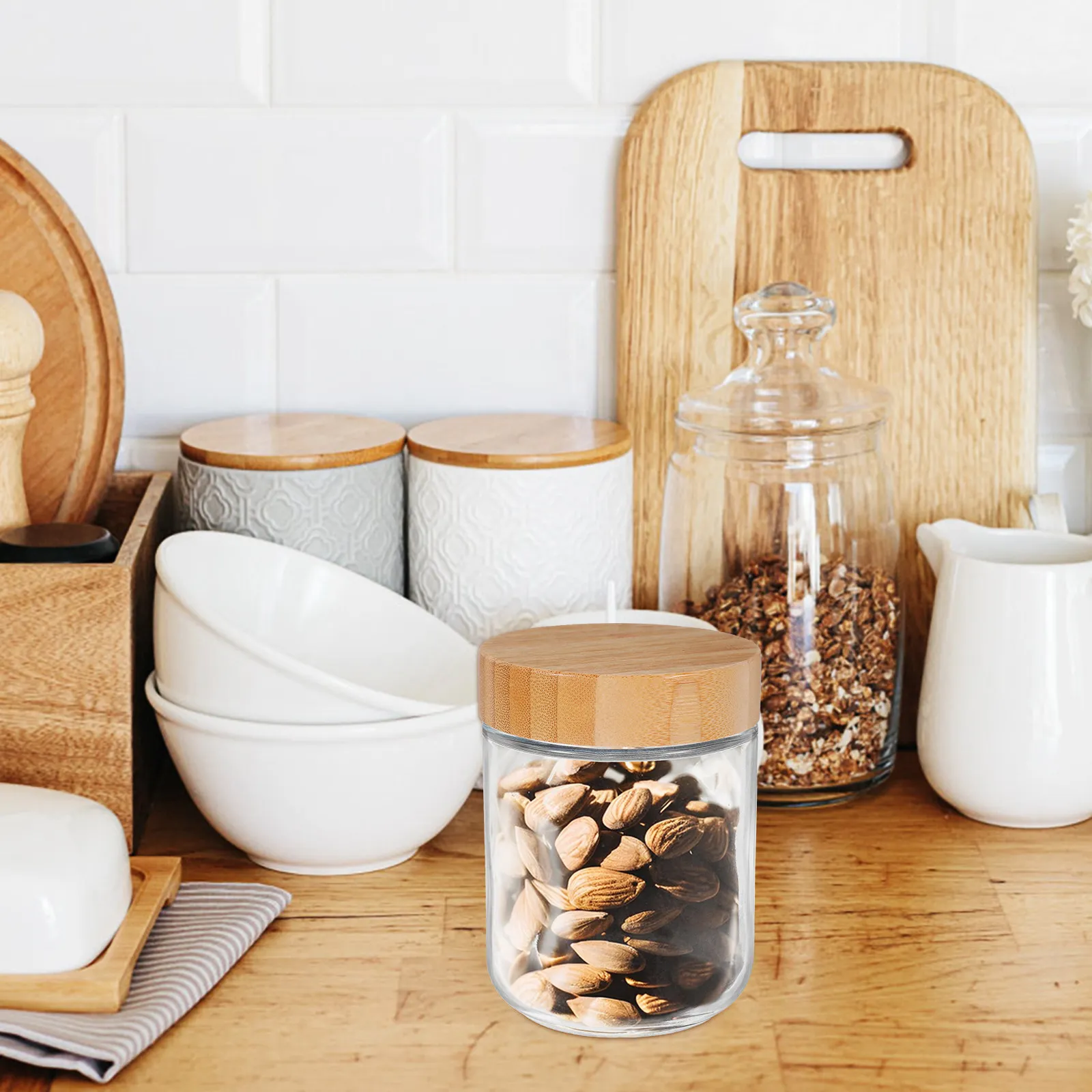 4Pcs Sturdy Glass Storage Jars Bamboo Lid Airtight Seal for Kitchen Essentials Rice Flour Sugar Spices Nuts Cookies Coffee view 5