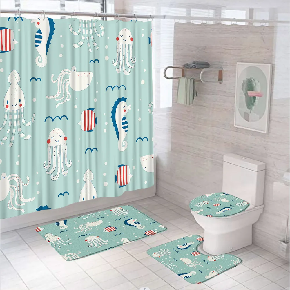 Cartoon Jellyfish Seahorse Fish Shower Curtain Set Bathroom Decor Kids Nautical Sea Animal Marine Toilet Cover Rug Bath Mat Home