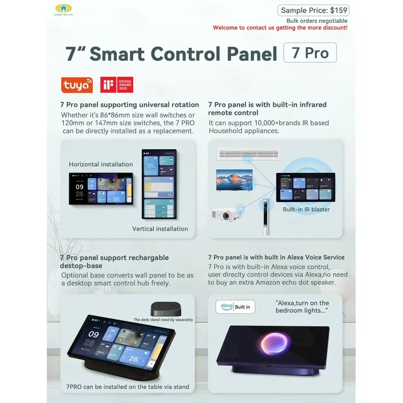 BOLRZO 2026 7-inch new doodle smart life APP supports smart home control panel Zigbee gateway hub, built-in infrared remote