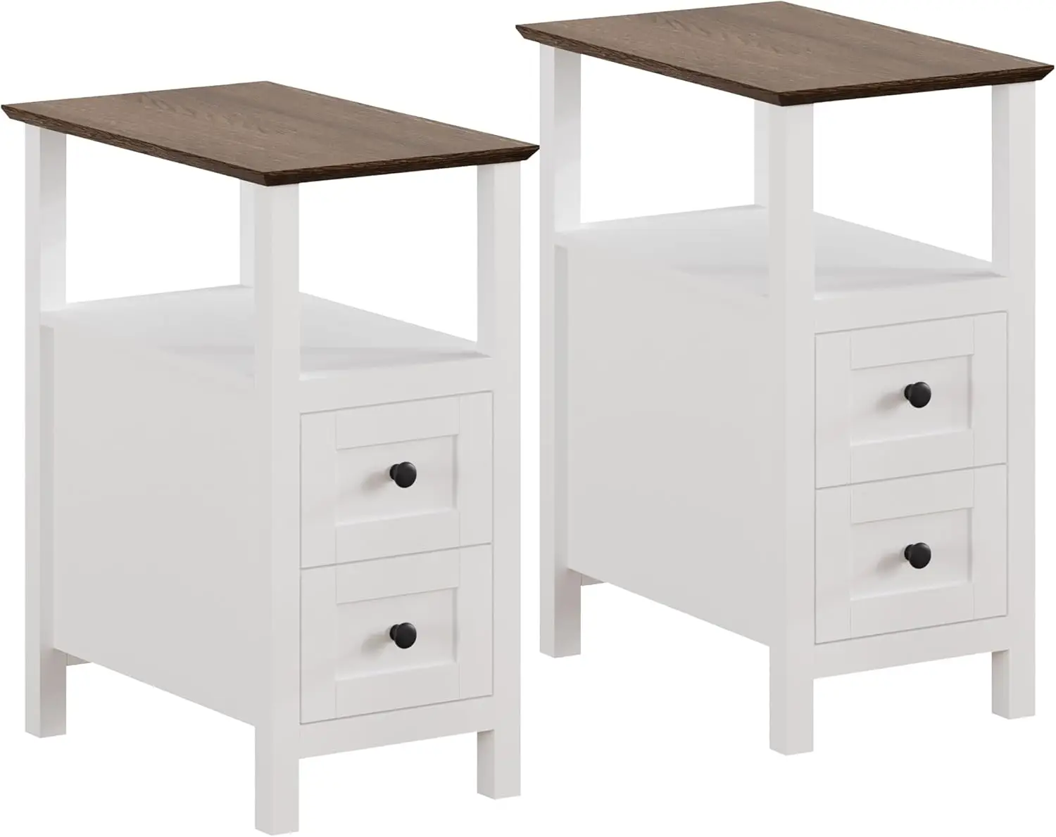 

Farmhouse End Tables Set of 2, 3-Tier Narrow Nightstand with 2 Drawers, Slim Bedside Tables with Open Shelf for Small Space L