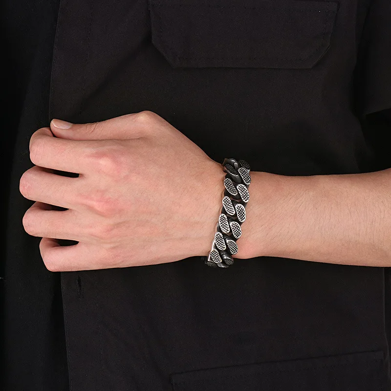 17MM Heavy Punk Curb Cuban Chain Bracelet Men Women Hiphop Rock Retro Black Stainless Steel Fashion Bike Biker Bangle Jewelry