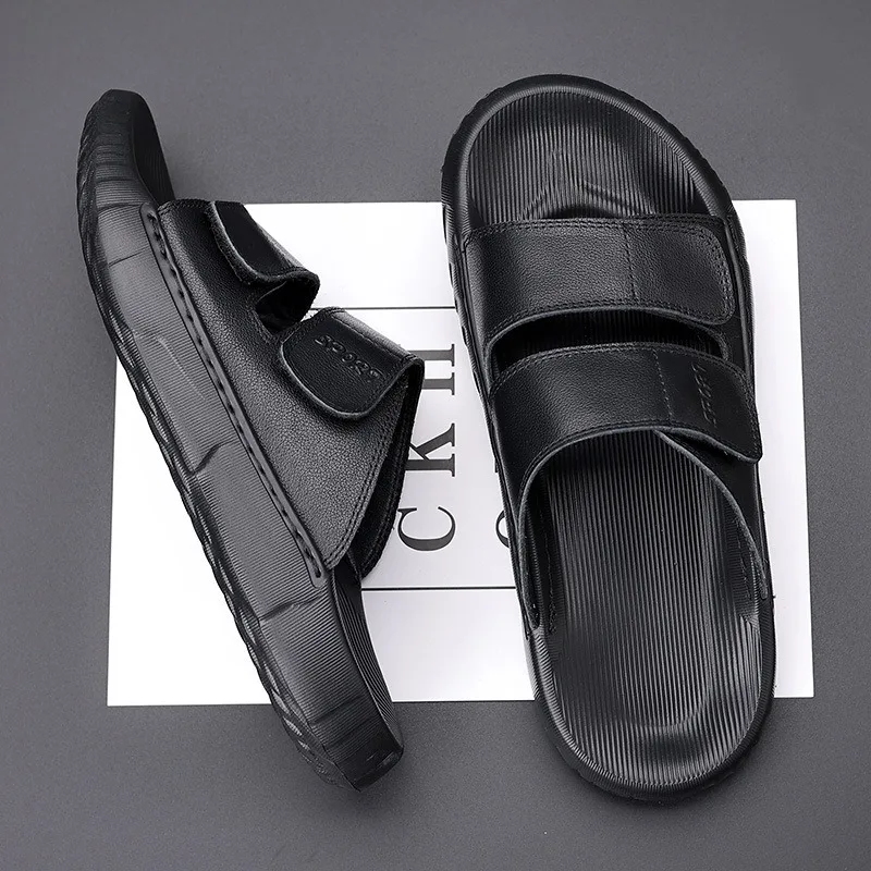 

Нескользящие шлепанцы из натуральной кожи 2026 года, летние мужские уличные пляжные модные тапочки на толстой подошве с двумя ремешками