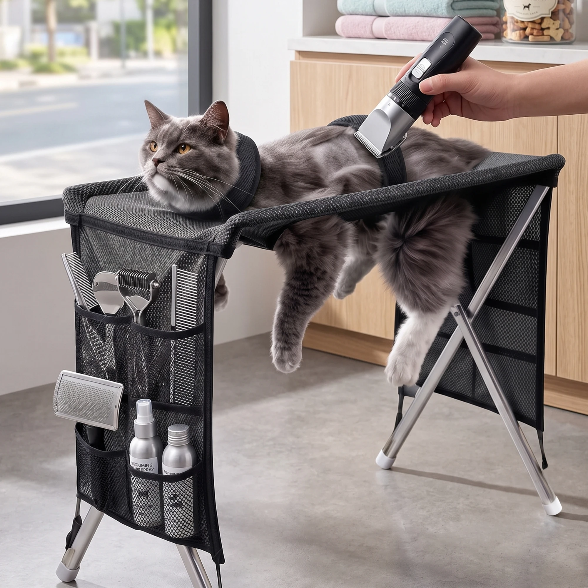 Pet Grooming Table Foldable Hammock with Reinforced Stand for Cats Small Dogs Brushing Hair Trimming and Bathing