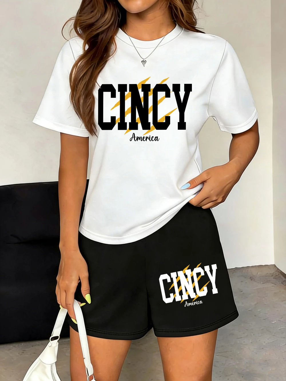

Cincy America Letter Prints T-Shirts Pants Womens Summer Two Pieces Set Tops Shorts Basic High Waisted Oversized Pocket Clothes