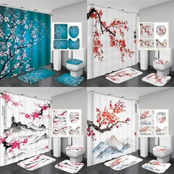 Japanese Cherry Blossom Shower Curtain Set Non-Slip Rug Toilet Lid Cover Bath Mat Spring Sakura Flower Pastoral Bathroom Curtain