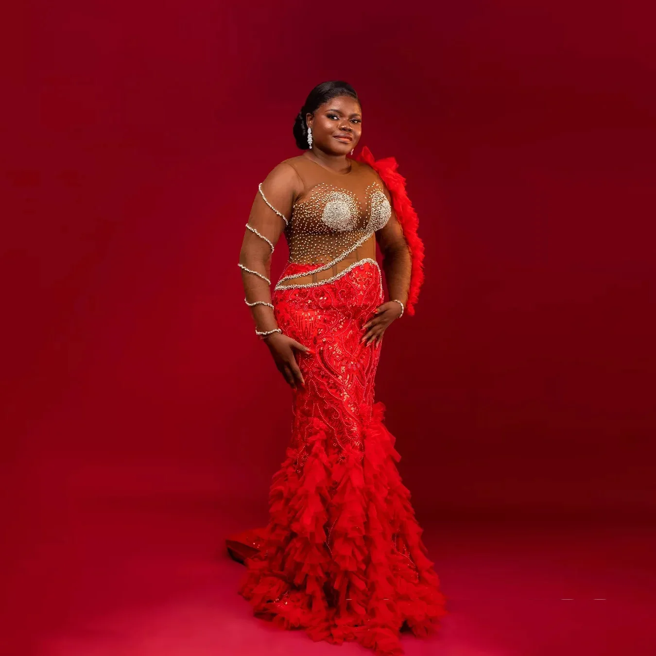 فستان سهرة أحمر ترتر بطبقات وأكمام طويلة حورية البحر مزين بحفلات أكمام شبكية شفافة مطرز بالخرز فساتين لحضور الحفلات الموسيقية الفاخرة #1