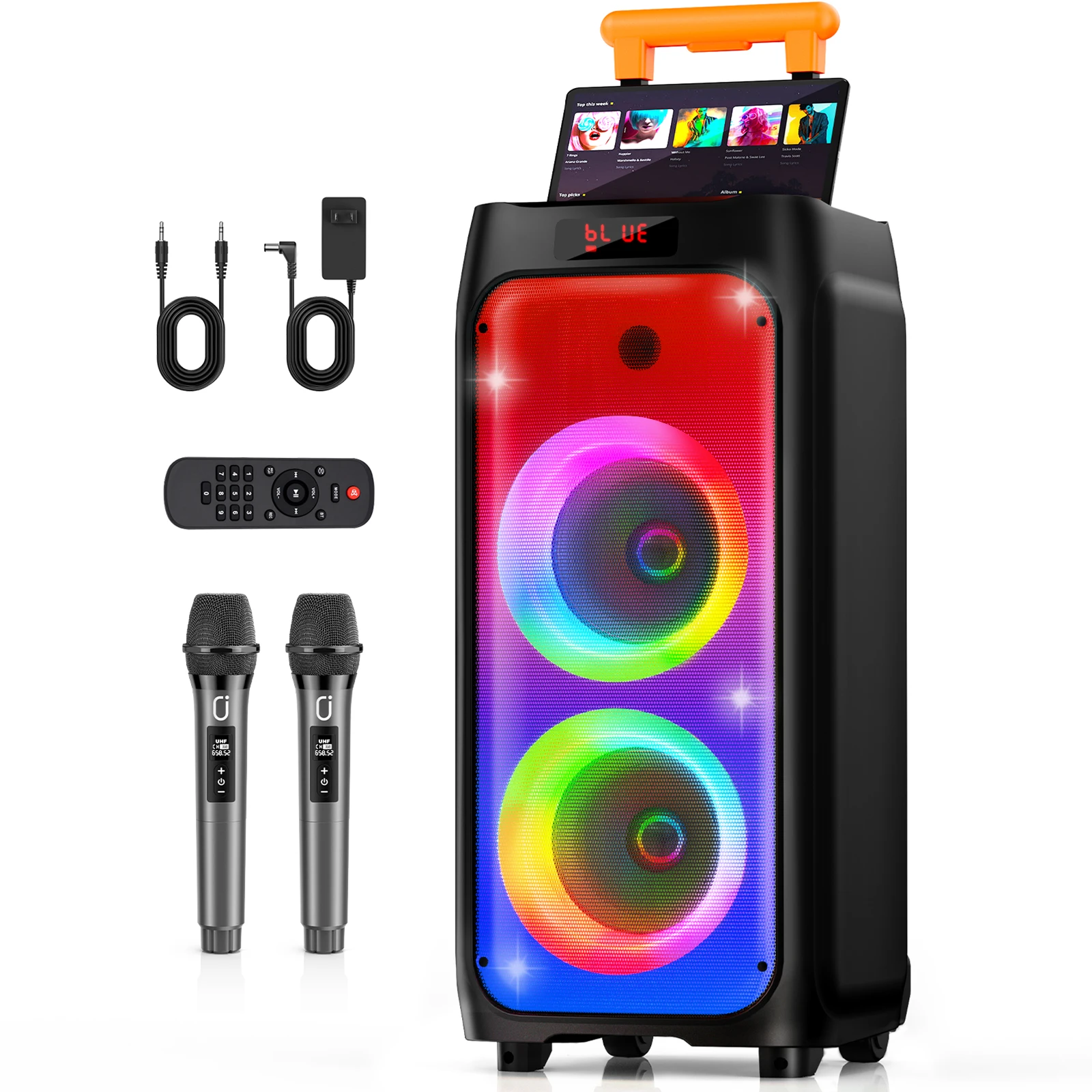 آلة الكاريوكي T8، مكبر صوت كاريوكي كبير مزود بتقنية البلوتوث مع طاقة ذروة 500 وات للبالغين، نظام PA مع عجلات دوارة وعربة #1