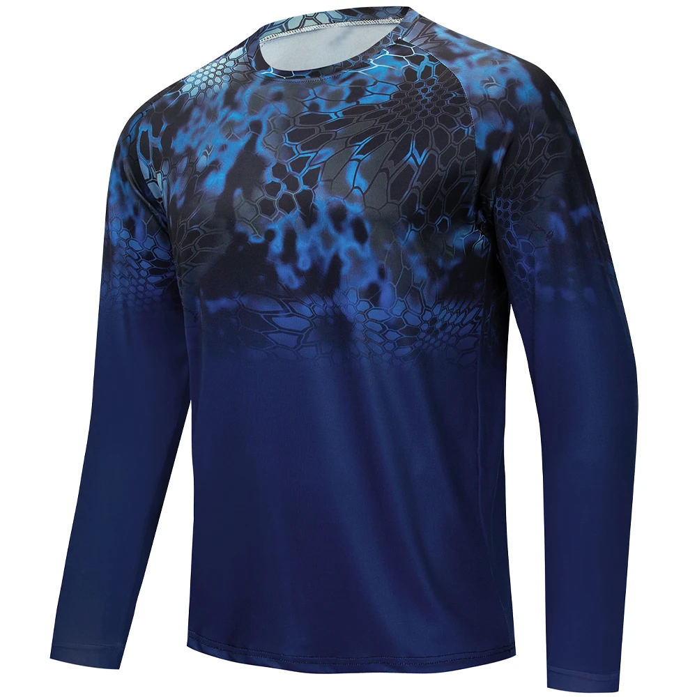 Men Blue Black Gradient Snake Scale Camo Long Sleeve Fishing Shirts Raglan Solid Navy Bottom Quick Dry Rash Guard Tops