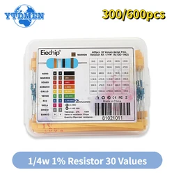 300/600pcs 1/4w Metal Film Resistor 30 Values Resistance Kit 10R-1M 0.25W 1% Resistors Set with Box