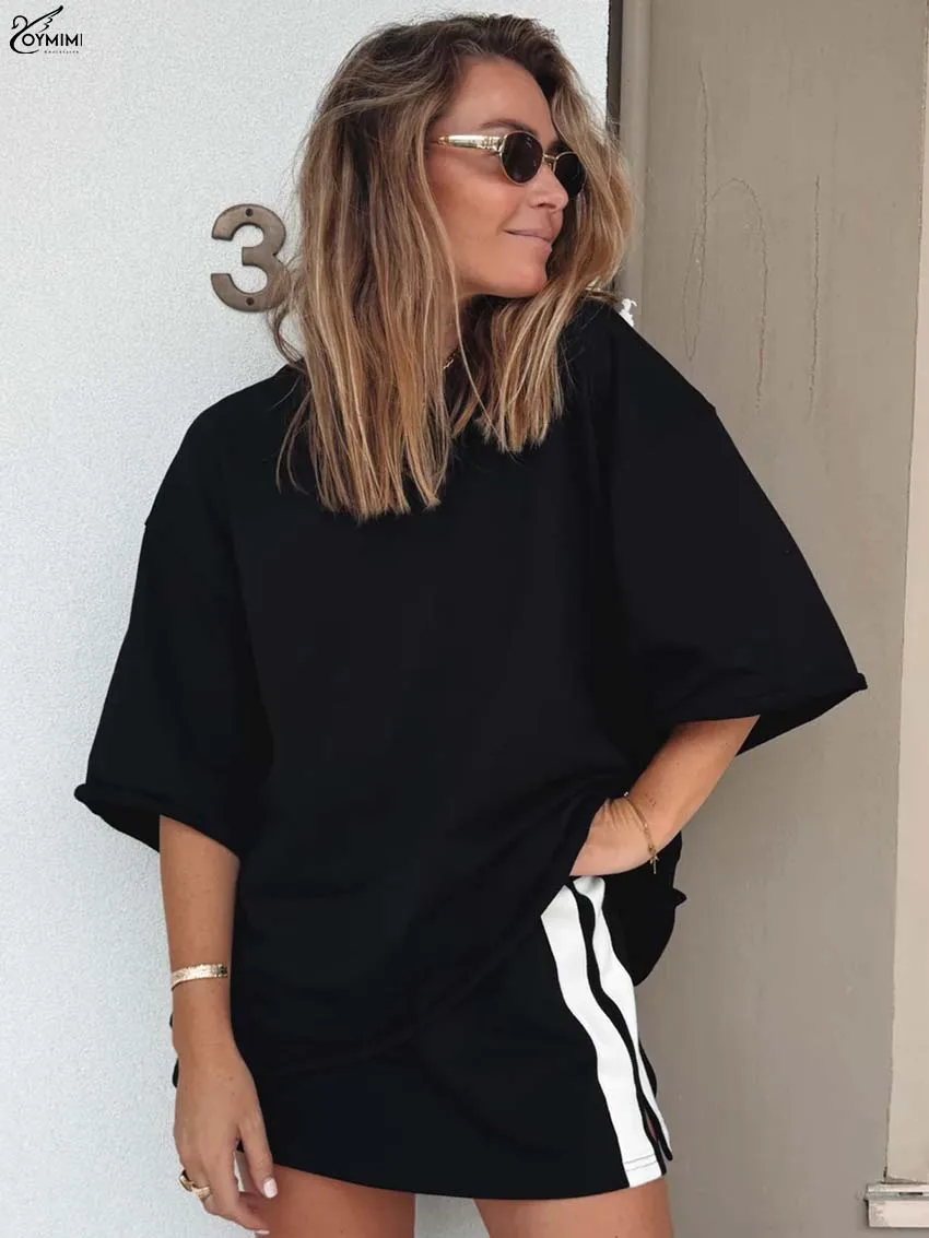 

Oymimi Elegant Black Patchwork 2 Piece Sets Woman Outfit Fashion O-Neck Simple Half Sleeve Blouses And Straight Mini Skirts Sets